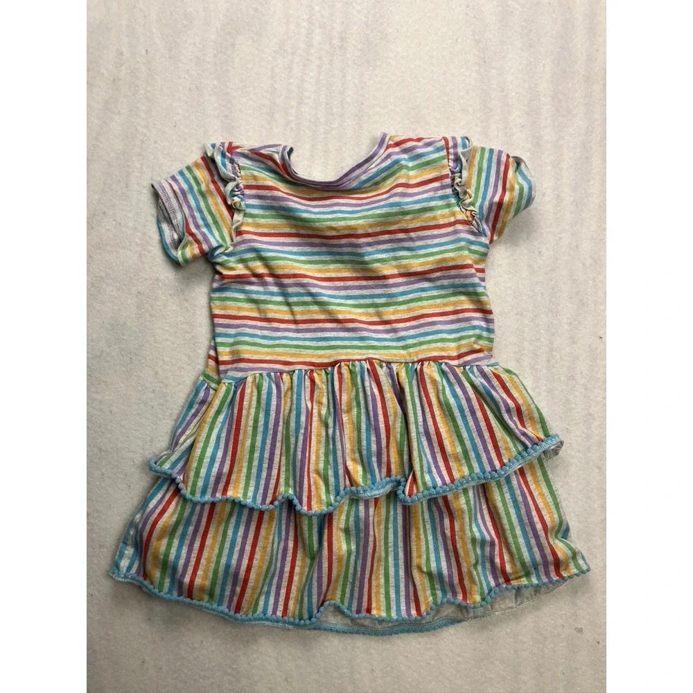Andy & Evan‎ Girls Rainbow Stripe Tiered Ruffle Pom Pom Trim Dress Size 6 HSS23E